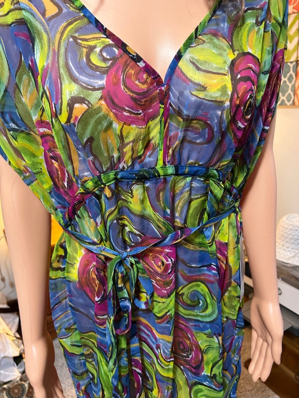 Carlos Falchi Multicolor Swirl Sheer Swim Coverup in Blue, Green, Pink - Picture 2 of 8